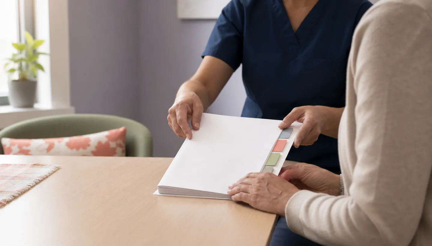 A patient and educator review the same education material together.