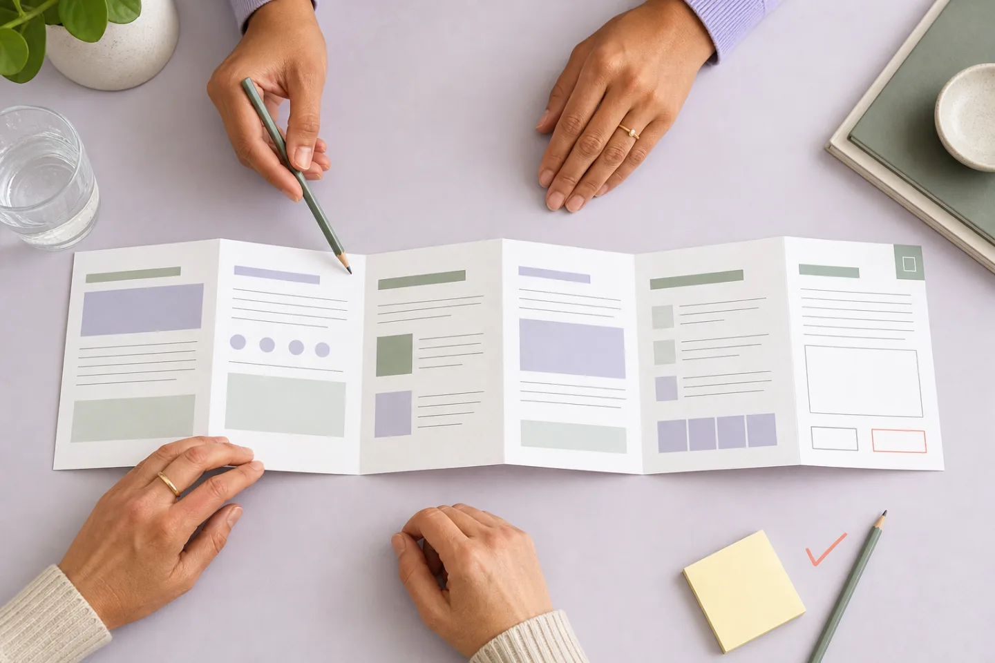 A patient and clinic educator review a neutral take-home packet together at a table.