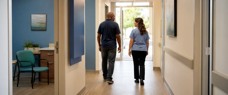 A patient leaves an outpatient visit with a take-home education packet.